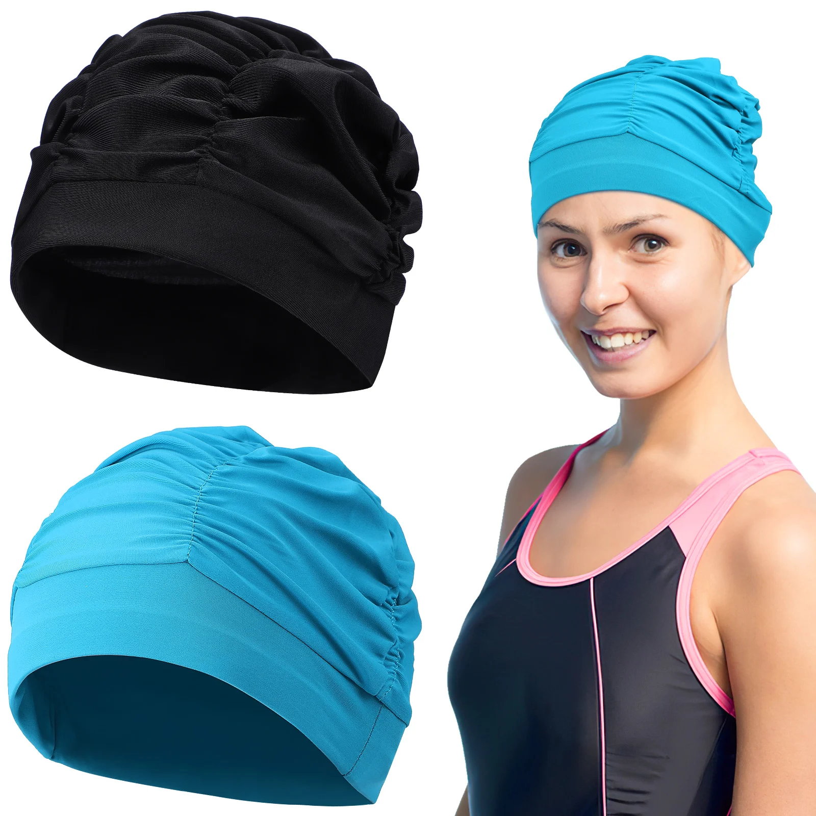 2 Pcs Stretch Swimming Cap Caps for Adults Elastic Bathing Hats Polyester