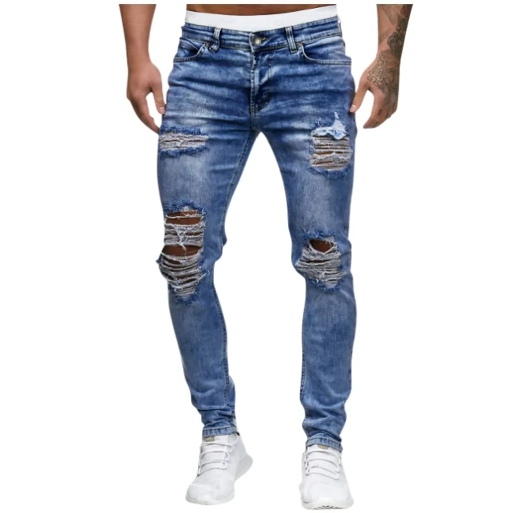 

Sports Pant Solid Color Mens Skinny Stretch Blue Denim Pants Pleated Ripped Frayed Slim Fit Jeans Trousers Large Pocket Casual