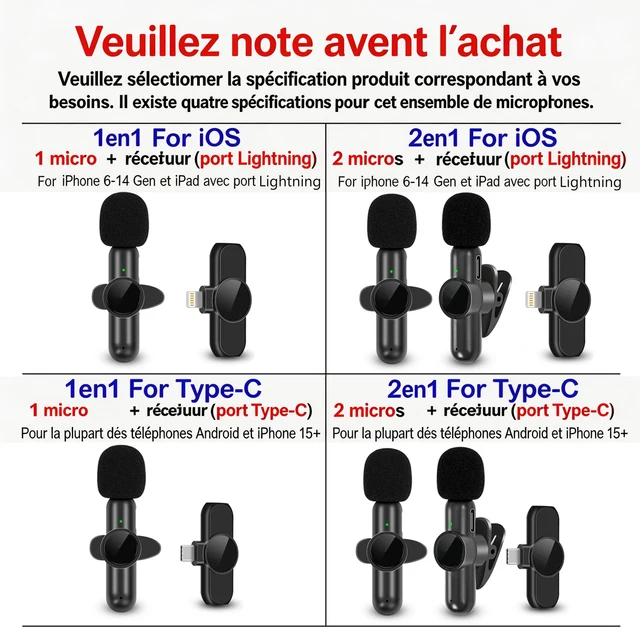 Microphone Lavalier sans fil avec couverture coupe-vent, Mini micro d'enregistrement Audio et vidéo pour iPhone et téléphone portable Android 2 Microphone Lavalier sans fil avec couverture coupe-vent, Mini micro d'enregistrement Audio et vidéo pour iPhone et téléphone portable Android 2
