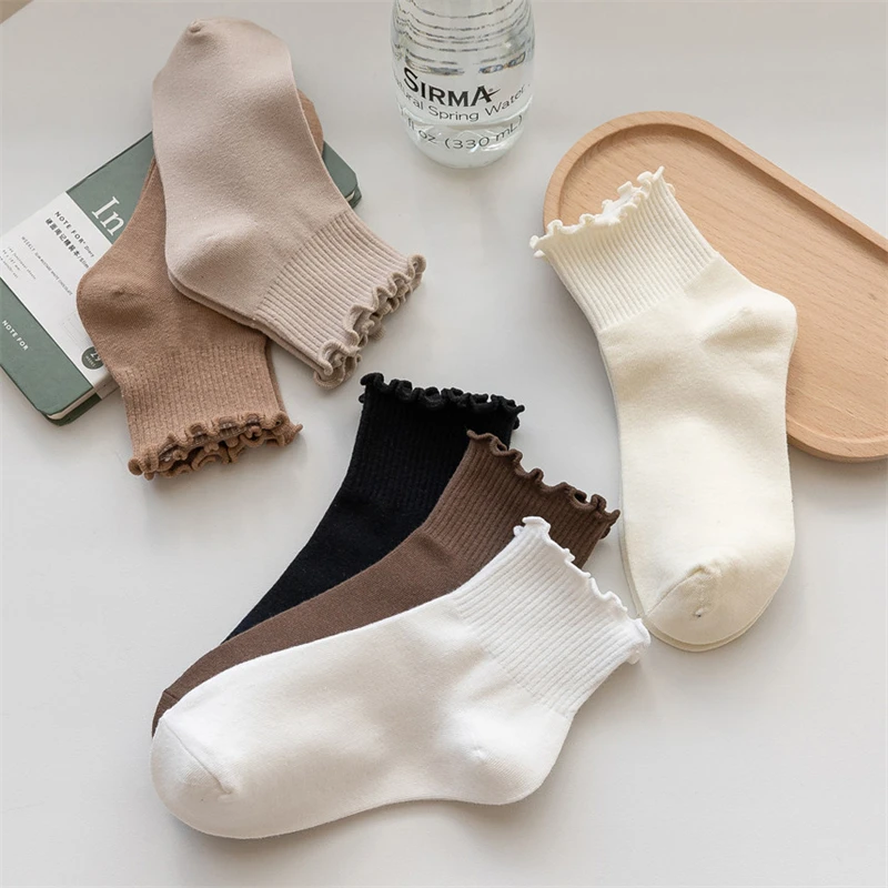 3 Pairs/Lot Cute Socks For Women New Japanese Style Breathable Girls Short Socks Kawaii Solid Frilly Ruffle Casual