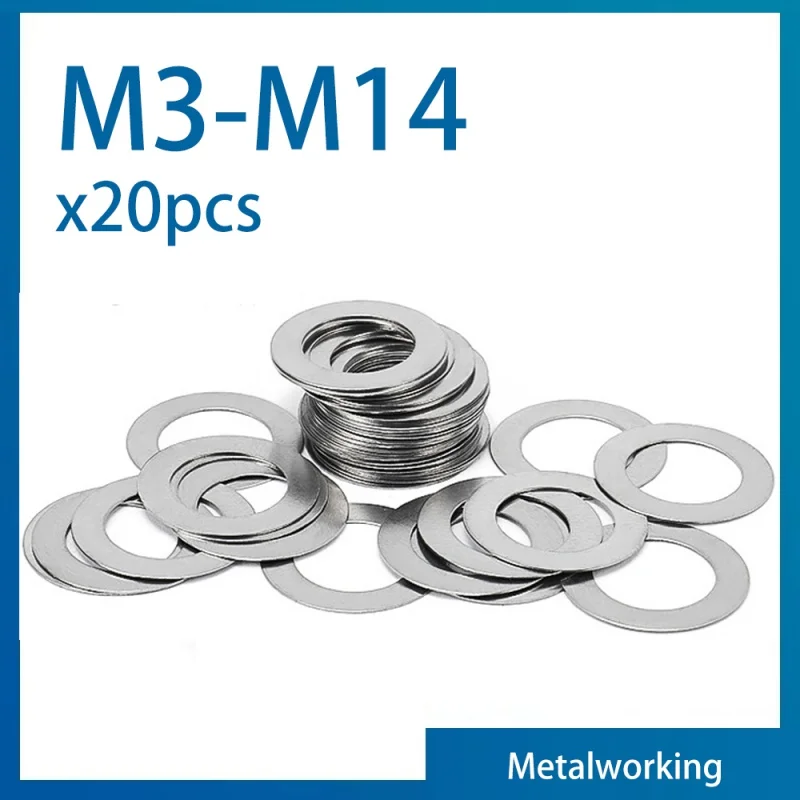 Stainless Steel Washers 304 Ultra Thin Flat Washer M3 M4 M5 M6 M8 M10 M12 M14 Adjusting Shim Plain Gasket 0.1/ 0.2/ 0.3mm 20pcs/lot