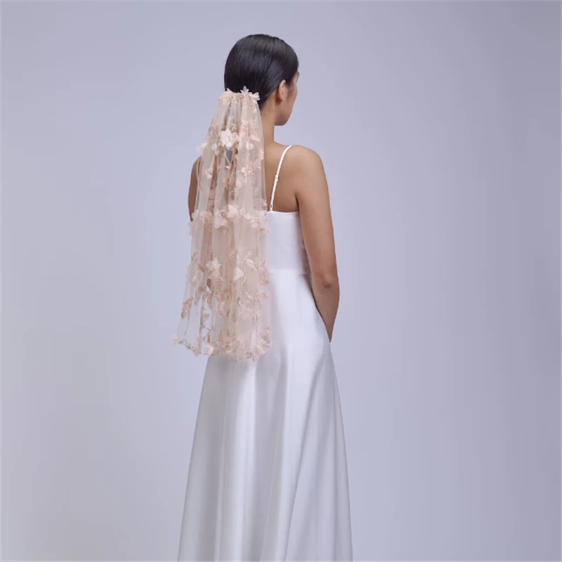Blush Pink 3D Floral Wedding Veil - 36" Cathedral Length With Comb