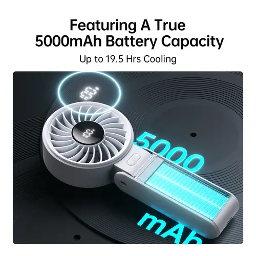 JISULIFE Portable Handheld Fan with LED Display,5 Speeds,5000mAh,150°Folded,3-IN-1 Hand/Desk/Neck Multifunction Personal Fan - Image 2