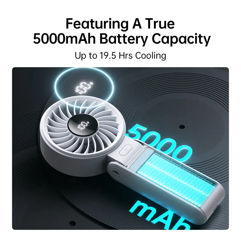 JISULIFE Portable Handheld Fan with LED Display,5 Speeds,5000mAh,150°Folded,3-IN-1 Hand/Desk/Neck Multifunction Personal Fan - Image 2