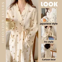 Femmes Robe de bain dessin animé mignon ours imprimé peignoir chemise de nuit Cardigan à manches longues chemise de nuit grande taille vêtements de détente chemise de nuit Ro 1