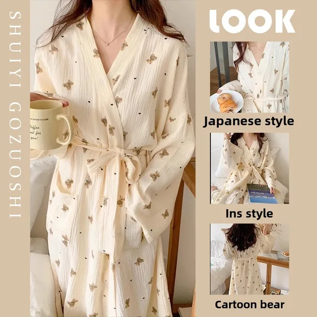 Femmes Robe de bain dessin animé mignon ours imprimé peignoir chemise de nuit Cardigan à manches longues chemise de nuit grande taille vêtements de détente chemise de nuit Ro 1
