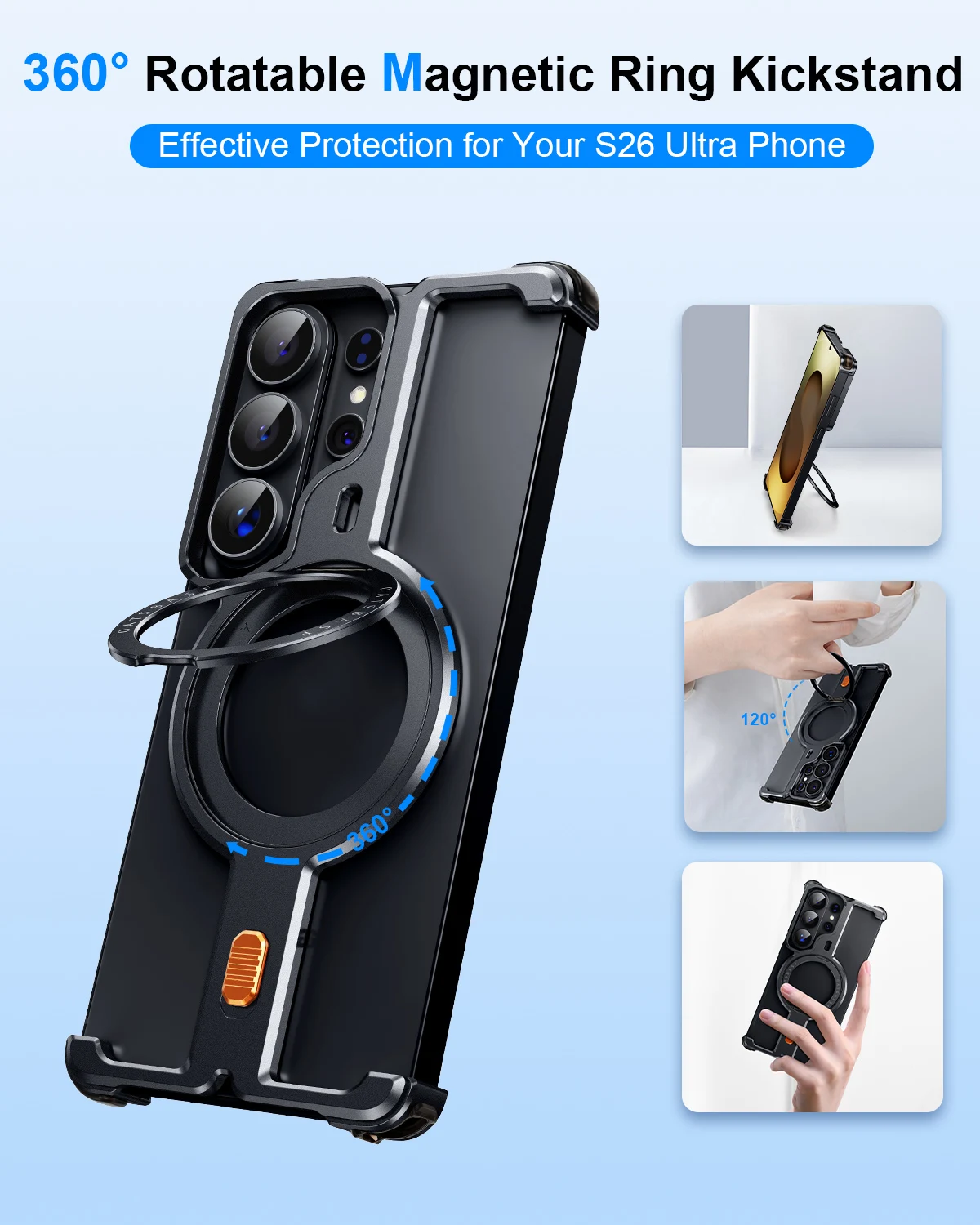 Eary Metal Frameless Shockproof Phone Case with 360° Rotatable Magnetic Kickstand