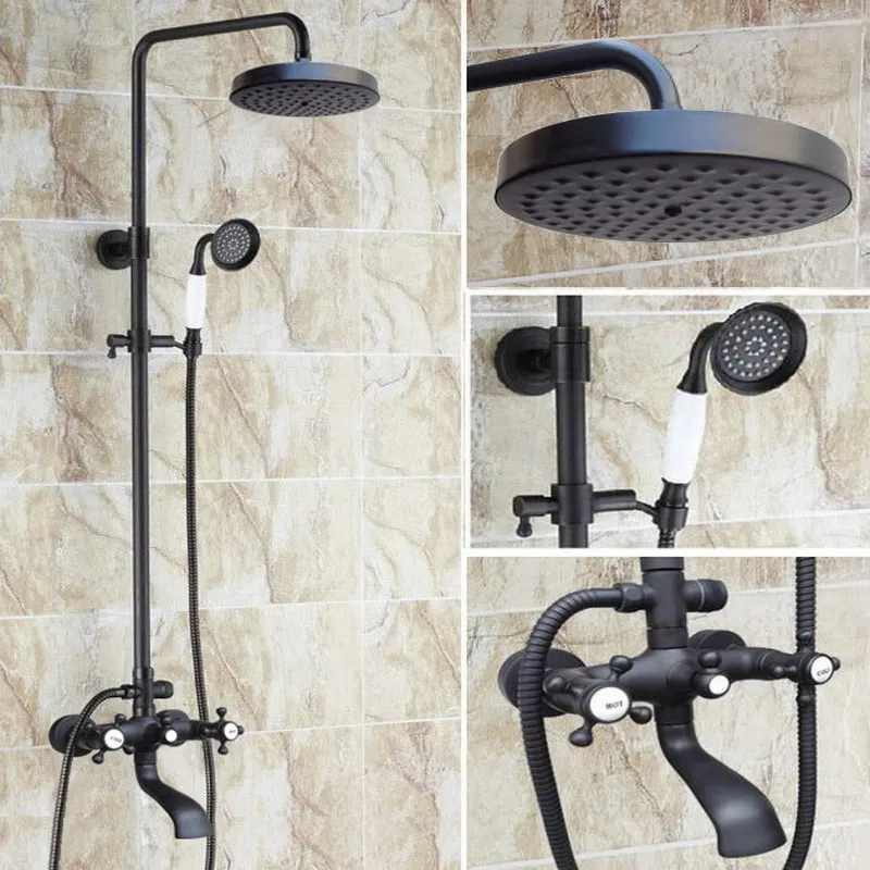 Black Oil Rubbed Brass Wall Mounted Waterfall Rain Shower Faucet Set Dual Cross Handles Bathroom Bathtub Water Tap ahg108