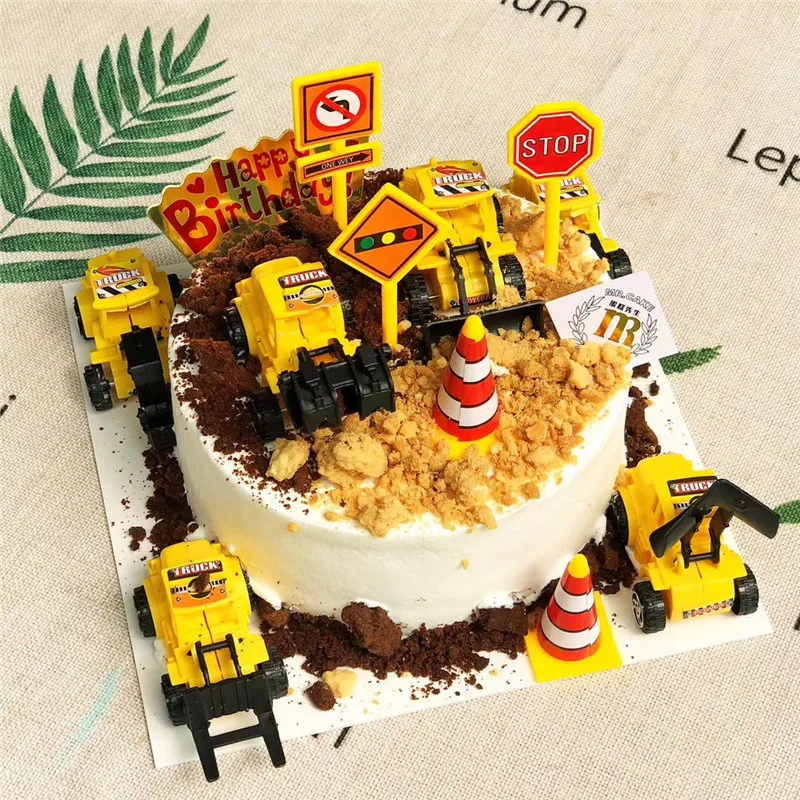 Torta Topper Escavatore, 1pcs Grande Torta Topper Camion Cake Topper Compleanno Veicoli+12pcs Camion Decorazione Di Cupcake Per Bambini Decorazione Torta Compleanno Costruzione - 7