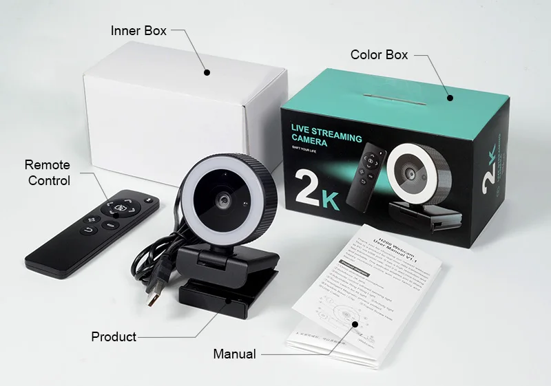 2K HD  Wireless Remote Control 8X Zoom USB Webcam With Audio Fill Light Ring for PC Web Camera Cam USB Online Webcam  Autofocus 3