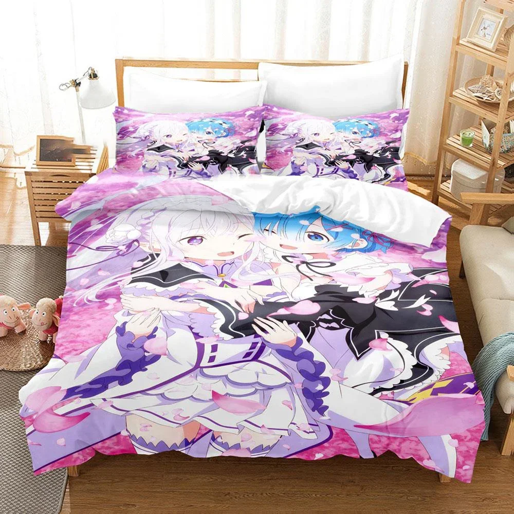 Anime Re Zero Bedding Emilia Rem Set Duvet Cover Bedroom Comforter Covers Single Twin King ​Size Quilt Cover Home Textile 2/3PCS 2