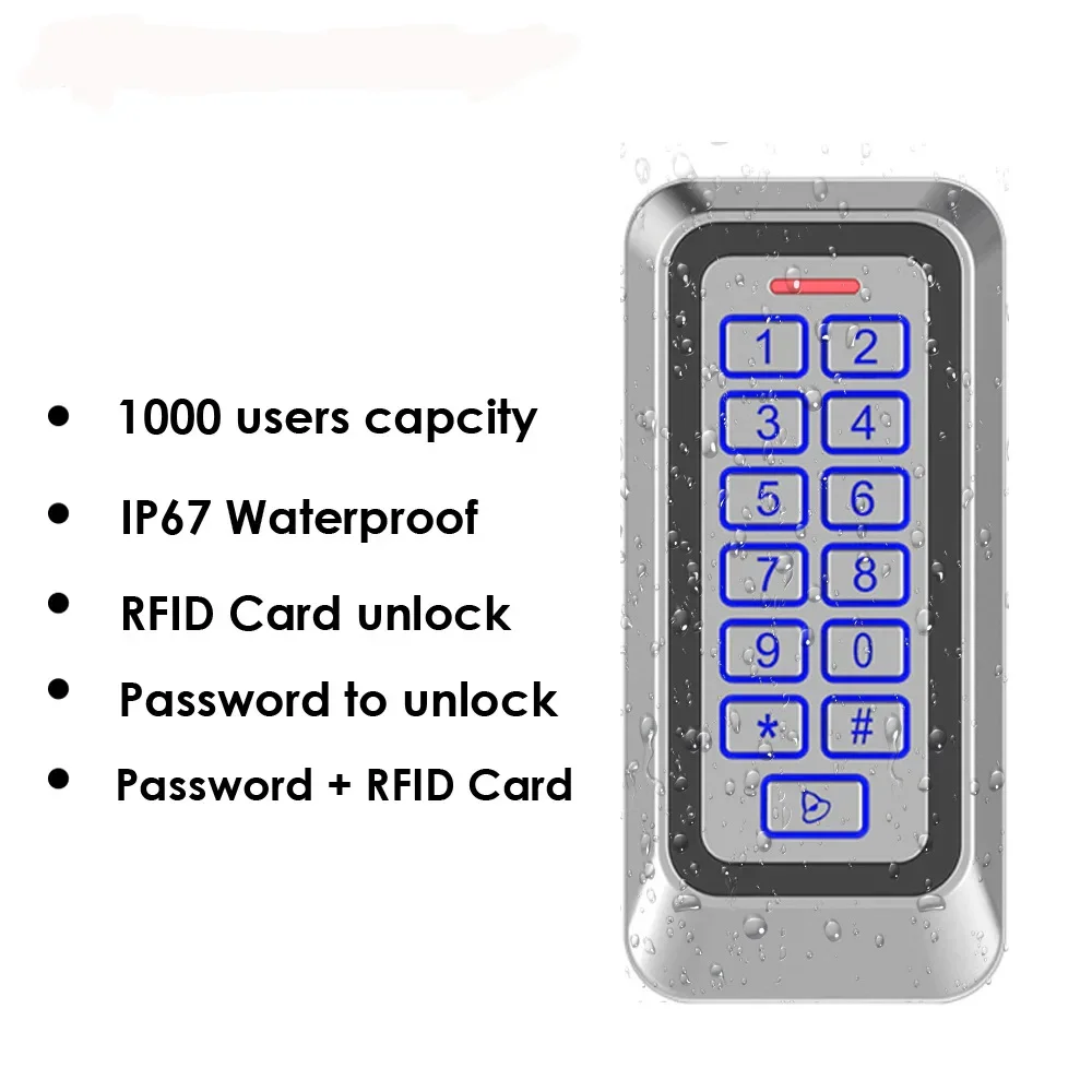 

Backlight RFID Metal Door Access Control Reader 1000 User 125KHz EM Card Keypad IP67 Waterproof Code Door Lock