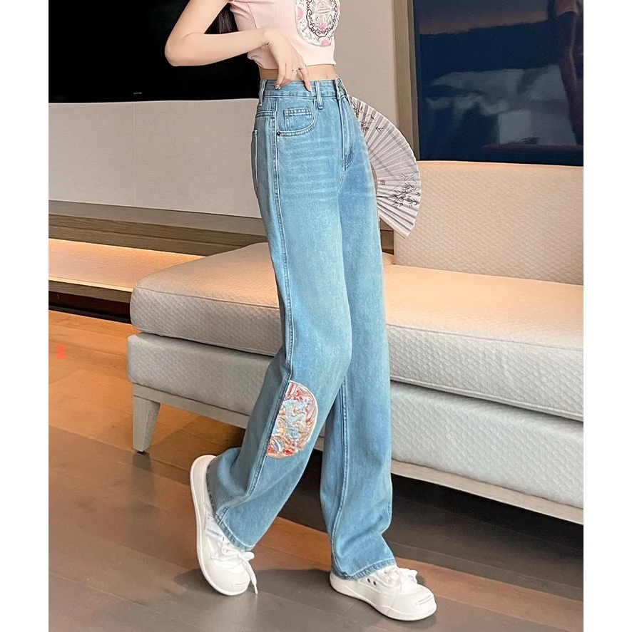 New Chinese national style embroidery wide-legged jeans female new high-waisted loose thin narrow version of straight pants tide