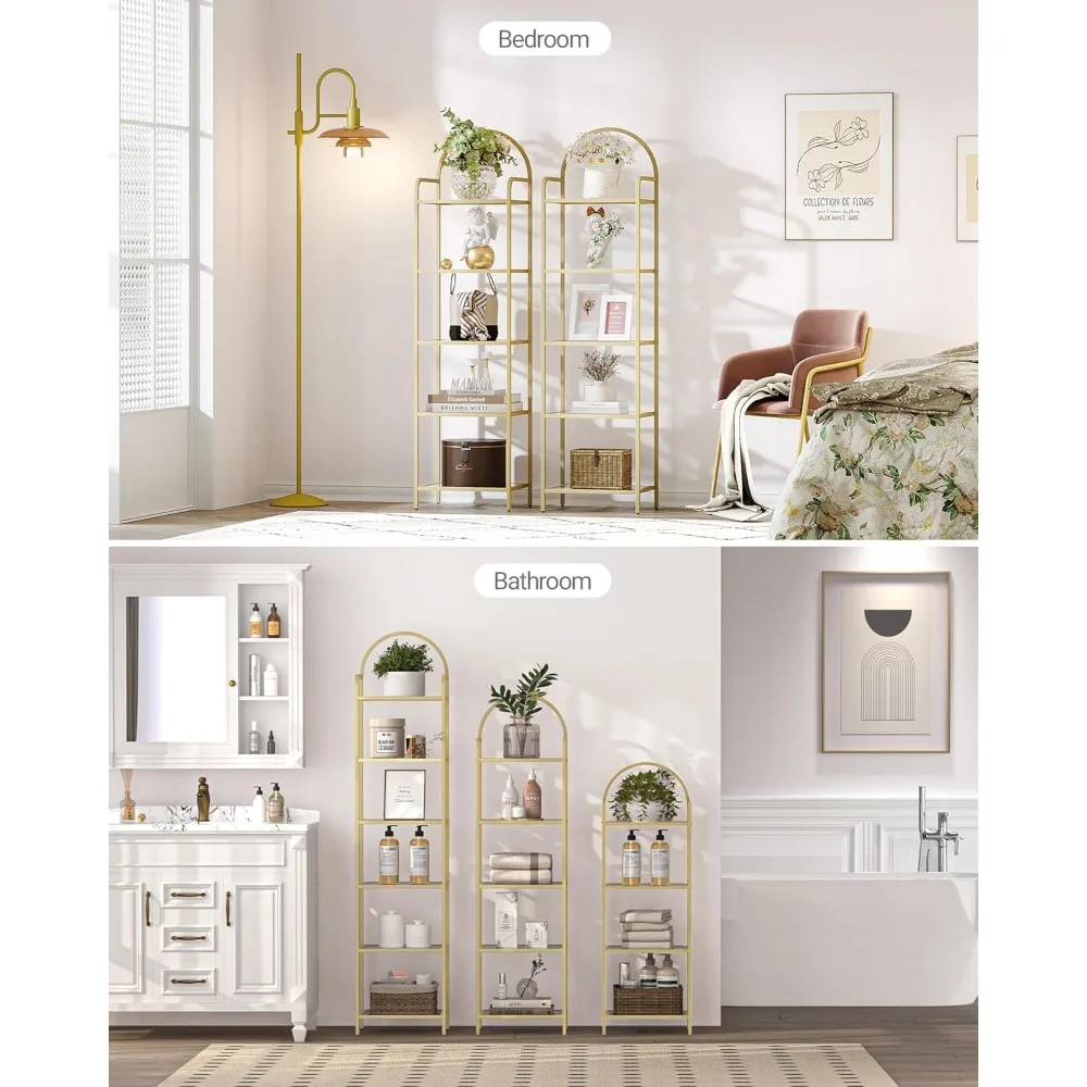 5 Tier Gold Bookcase Bookshelf, Tempered Glass Bookshelves, Slim Shelving Unit for Bedroom, Bathroom, Home Office, Steel Frame 4