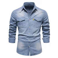 Chemise en denim en coton élastique pour hommes, manches longues, poche pour documents, chemises monochromes pour hommes, coupe couvertes décontractée, vêtements de créateurs, haute qualité 3
