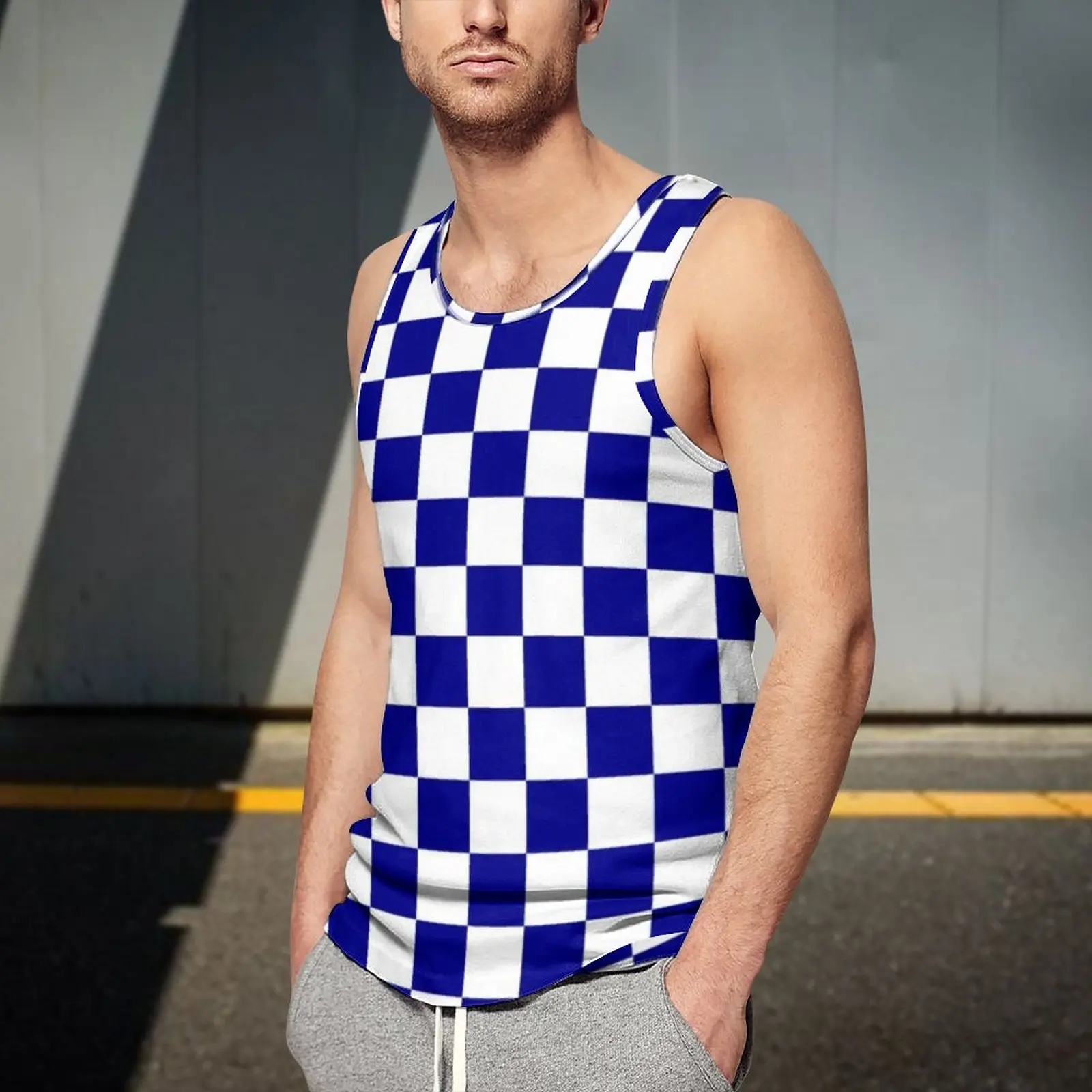 トップス MMAx3ITSUKA Checker Racing Sleeve-less Blue And White Checkerboard Tank Top Men Racing Flag