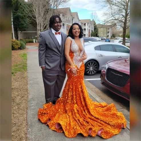 

Luxury Orange Sheer Women Long Black Girls Prom Dresses Sexy Diamond Mermaid Sequins Sparkle Prom Gowns Evening Gala Party