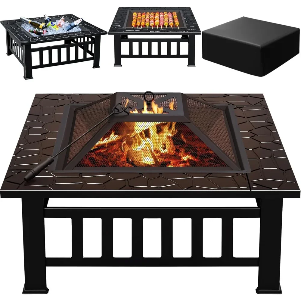 Multifunctional Patio Fire Pit Table, 32in Square Metal BBQ Firepit Stove Backyard Garden Fireplace with Spark Screen Li 2
