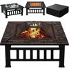 Multifunctional Patio Fire Pit Table, 32in Square Metal BBQ Firepit Stove Backyard Garden Fireplace with Spark Screen Li 2