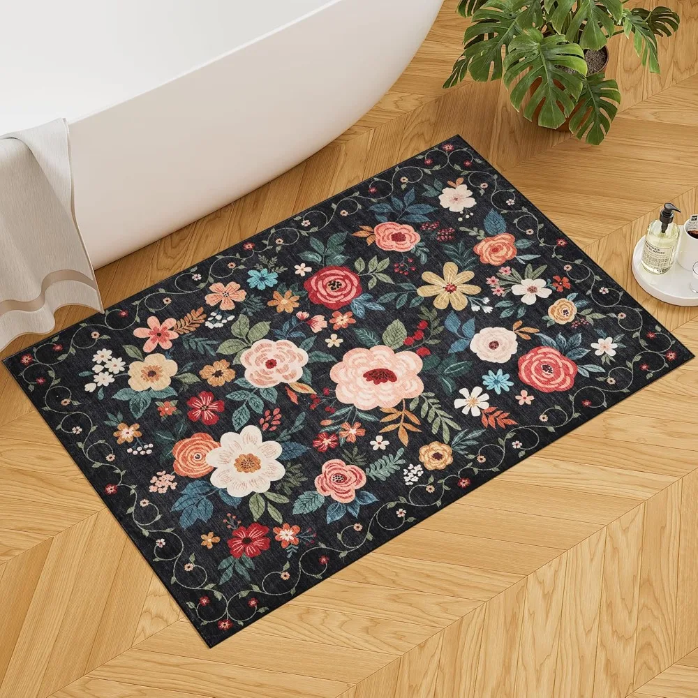 2x3 Rugs for Entryway, Floral Indoor Washable Door Mat, Non Slip Boho Small Rug for Kitchen, Soft Low Pile, Front Door Throw Ru