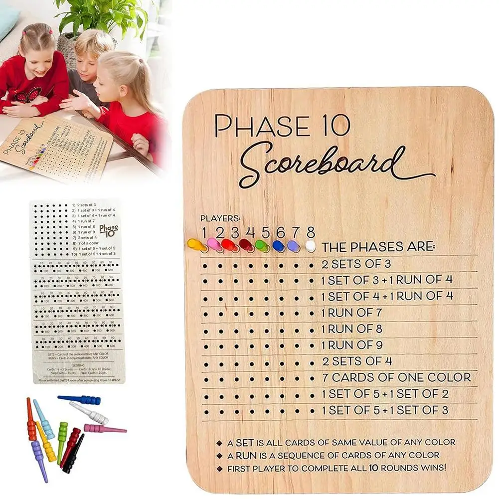 Wooden Phase 10 Score Board Phase Ten Scorecard And Round Tracker 10 Cards Game Score Sheets Classic Board Card Games phase 10 score board