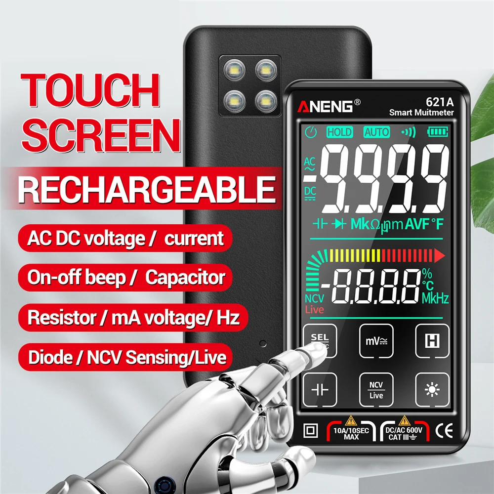 

621A Touch Screen Intelligent Digital Multimeter 9999 Counts Auto Range Rechargeable NCV Universal Meter Voltmeter Ammeter