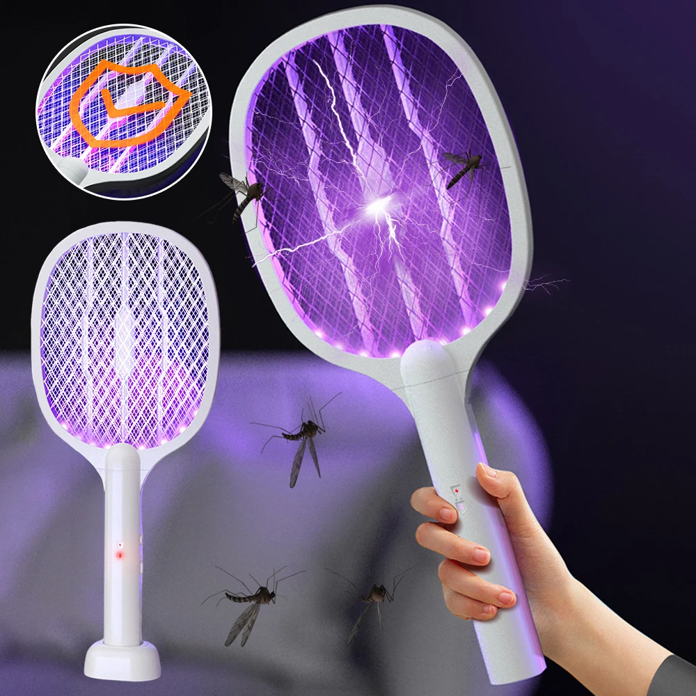 มือถือไฟฟ้า Fly Swatter 3000V Bug Zapper Racket 2 in 1 Fly Swatter พร้อม USB ชาร์จยุง Killer โคมไฟ Pest Control 1