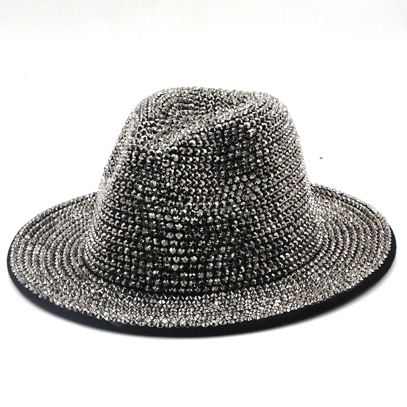 fedora hat Full Diamond Adjustable Flat Top Fedora Hat Bling Rhinestone Panama Spring Summer Men Wide Brim Felt Jazz Hats Women's Stage Hat mens straw fedora Fedoras