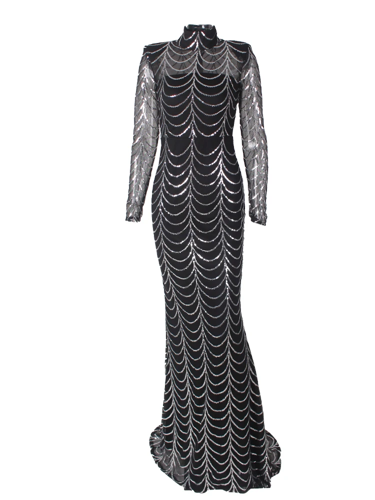 فستان رسمي بأكمام طويلة ورقبة على شكل حرف O قابل ل...