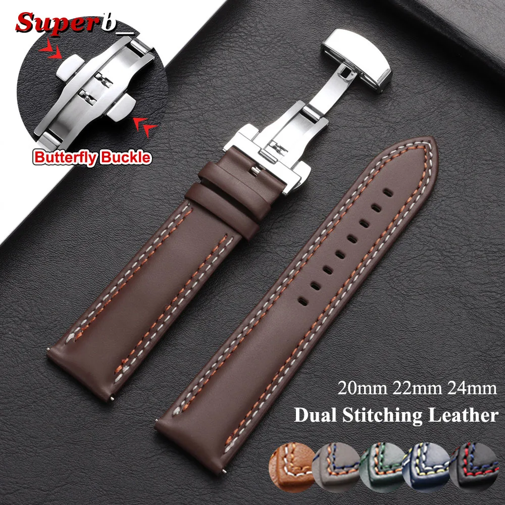 Premium Genuine Calfskin Leather Watch Strap with Butterfly Buckle and Dual Stitching