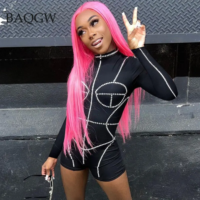 

Sexy Rhinestone Patchwork Bodysuit Club Short Jumpsuits Women Autum Diamond Sparkly Long Sleeve Bodycon Party Rompers Overalls