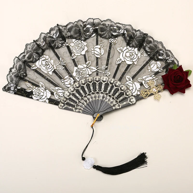 Lolita Gothic Fan Victorian Female Lace Hand Fan Vintage Black White Red Rose Bamboo Fans Cosplay Halloween Party Supplies