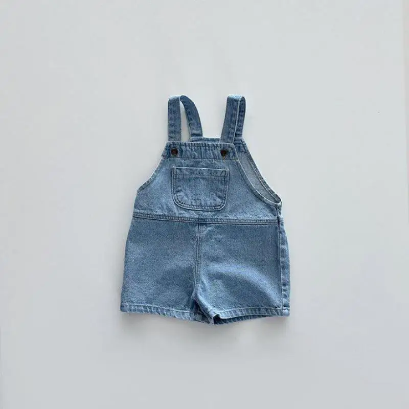 

2024 Summer New Children Loose Overalls Solid Boys Girls Denim Strap Shorts Baby Jumpsuit Toddler Versatile Pocket Casual Pants