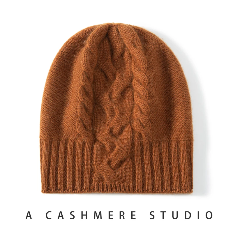 100% Pure Cashmere Hat Women Winter Knitted Twisted Flower Cap Beanies Warm Soft Knit Headgears Lady Hats Ear Protect Skullies 5