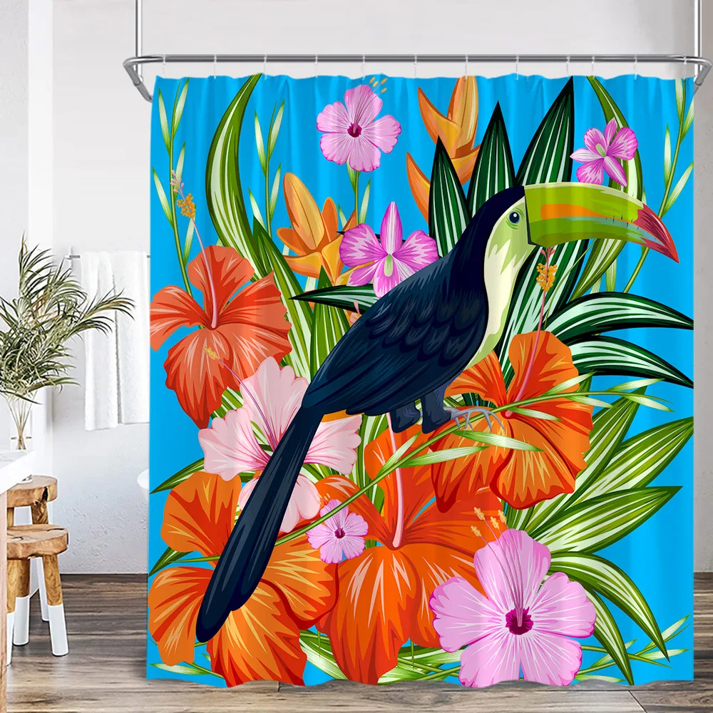 

Шторы для душа в виде попугаев, занавески с крючками для ванны с тропическими листьями, природным ландшафтом, декор для ванной комнаты