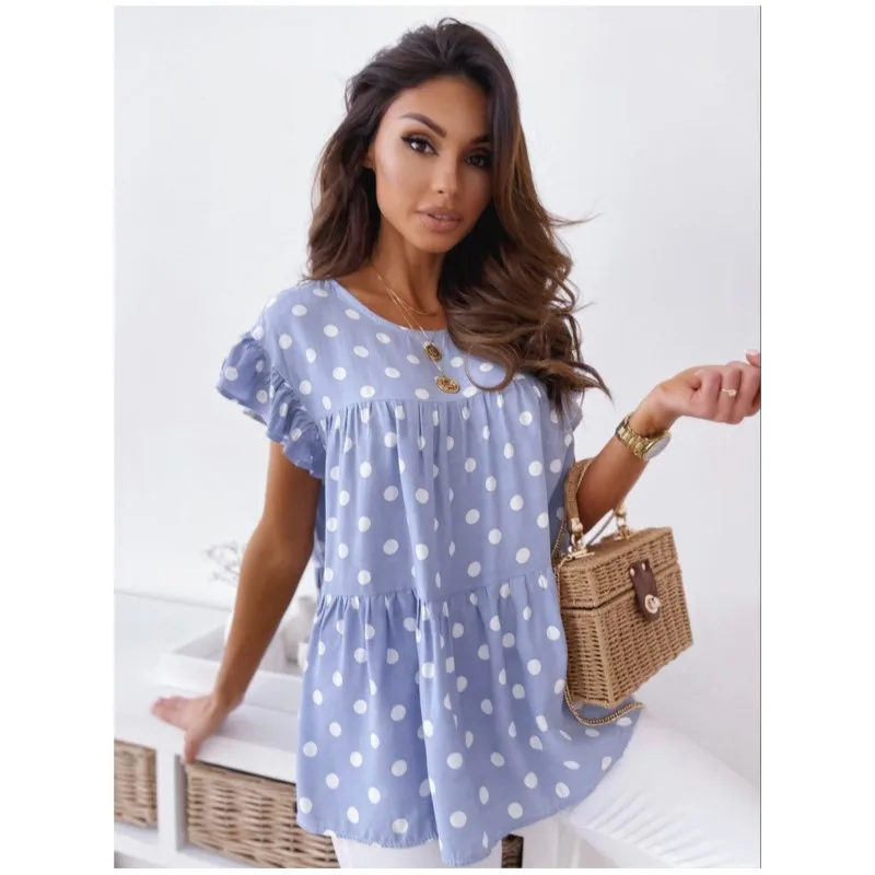 

Women's Summer Round Neck Ruffled Short Sleeve Striped Shirt Shirt Women's Elegant Commuting Irregular Loose Top