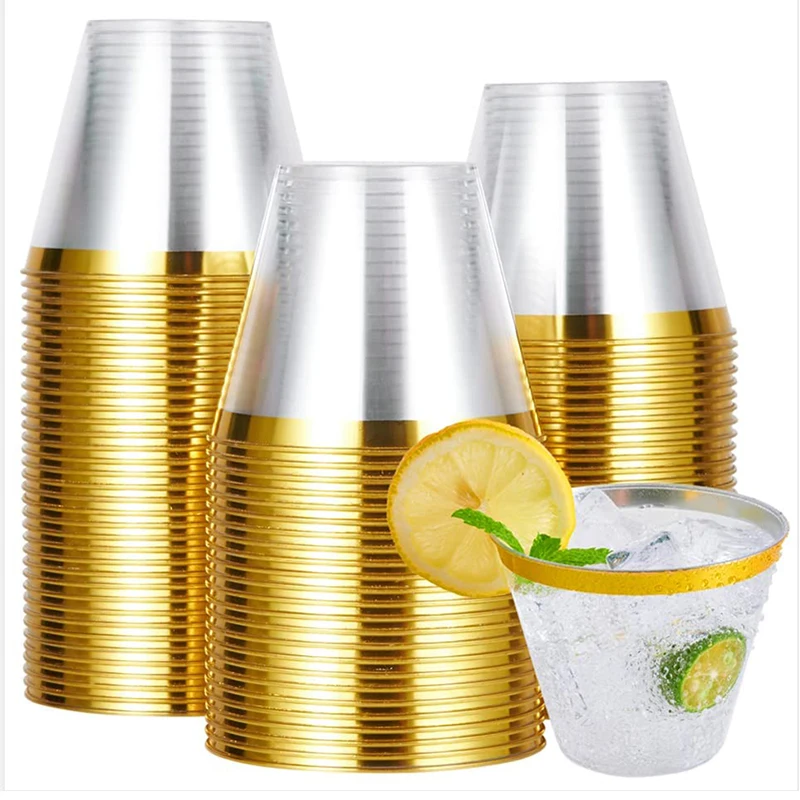 100 Gold Plastic Cups 14 Oz Gold Glitter with a Gold Rim - Premium