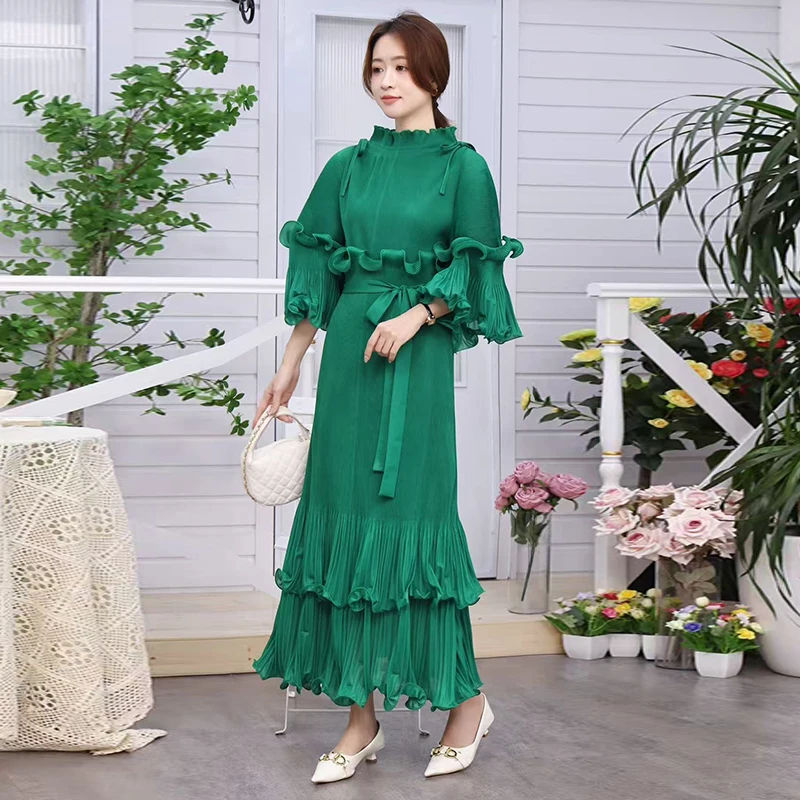 LANMREM Niche Ruffled Design Pleated Women's Dress 2025 New Temperament Patchwork Flare Sleeve Bandage Waist Dresses 2DB3777 - Image 3
