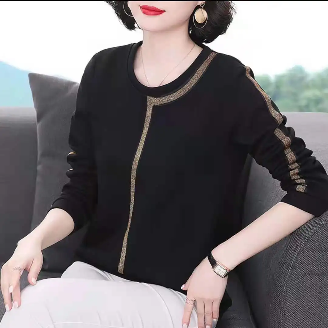 

Plus Size Golden Bright Silk O-Neck Pullover Pure Cotton T-Shirts Vintage Dark Colors Batwing Long Sleeve Striped Women Clothing