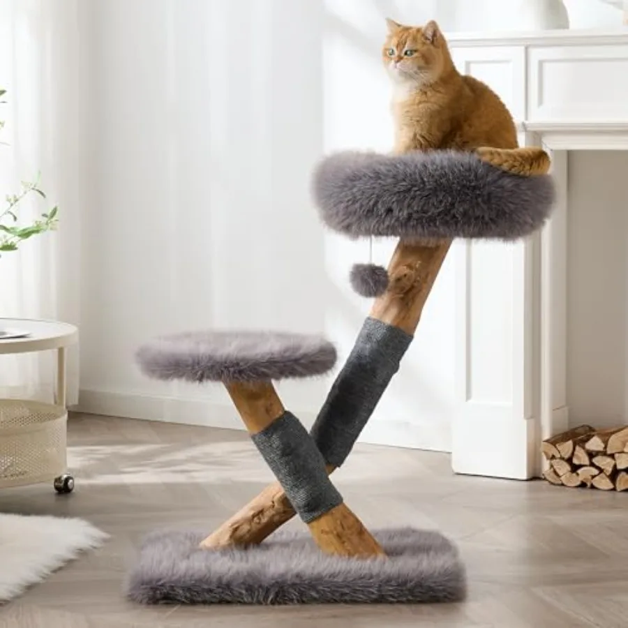 33 Modern Cat Tree for Indoor Cats Aesthetic Natural Wood Cat Tower with Branch-Style Scratching Posts Luxury Plush Faux Fur Ca