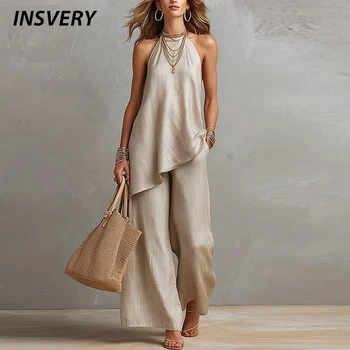 Hot Sale Sleeveless Irregular Vest High Waist Wide Leg Pants Suit Women Summer Casual Two Piece Set Solid Color Holiday Outfits