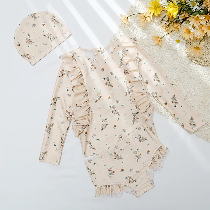 

INS Summer Children Printed Long Sleeve Swimwear Ruffles Sun-proof Baby Girls Beach Swimsuits with Swimming Caps 3 PCS Set