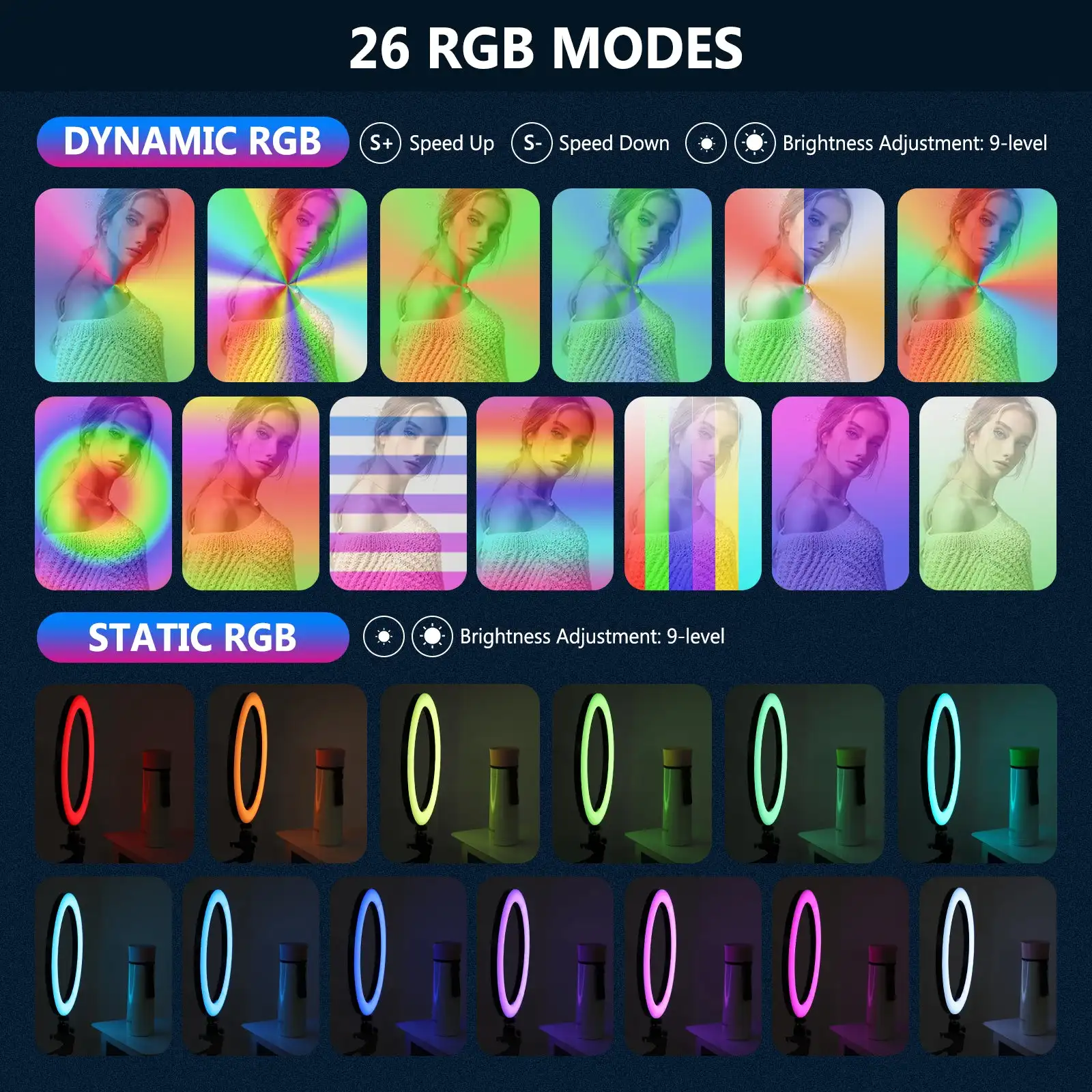 NEEWER RGB LED 링 라이트, USB 밝기 조절, 사진 스튜디오 필 램프, 삼각대 스탠드, 433MHz 리모컨, 10 인치