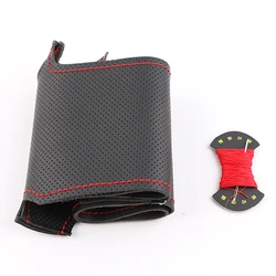 Sleek Black Microfibre Leather Steering Wheel Cover - Premium Custom DIY Kit (Red thread)