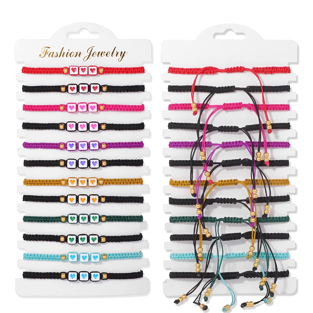 Colorful Natural Stone Adjustable Rope Bracelets - Handmade Bohemian Set with Cards (12 Pieces)