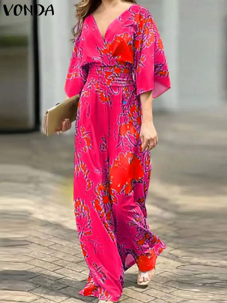 Plus Size VONDA Women Summer Printed Jumpsuits Sexy V-Neck Flare Sleeve Bohemian Long Romper Casual High Elastic Waist Playsuits