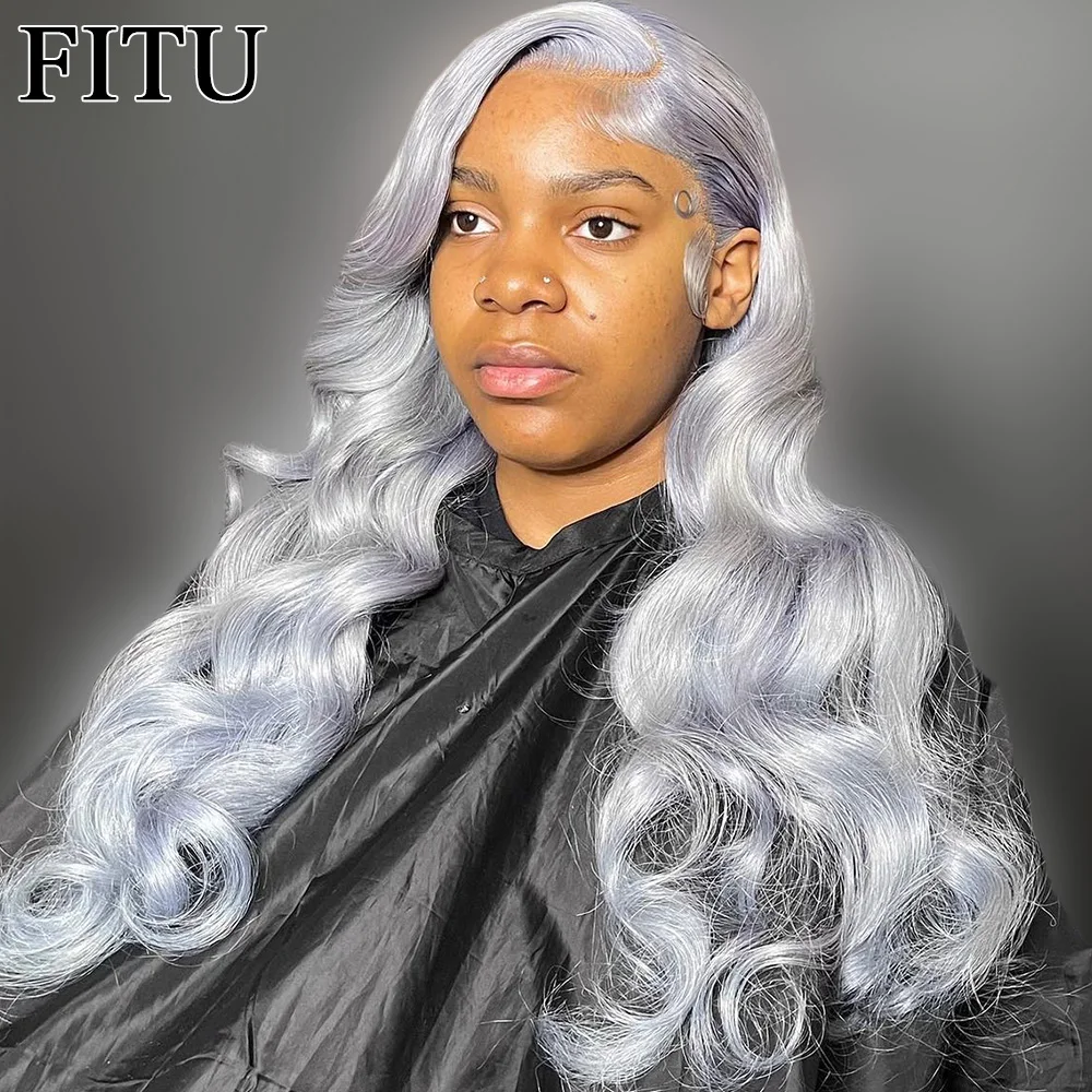 

FITU Grey Transparent 13x6 13x4 Lace Frontal Human Hair Wig 613 Colored Plucked With Baby Hair 5x5 Lace Closure Wig