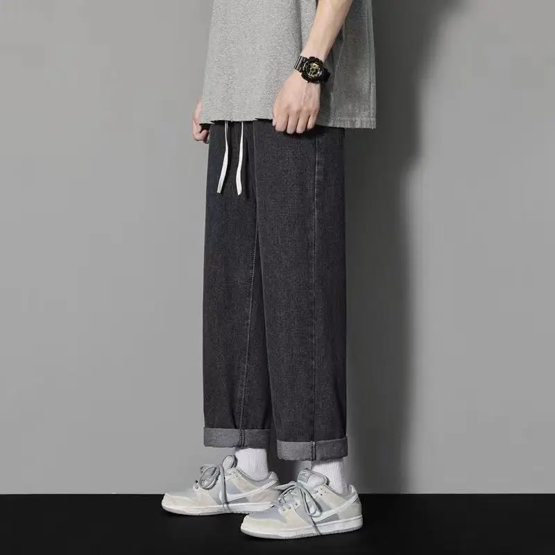 Spring New Fashion Trend Versatile Loose Straight Jeans Men's Solid Elastic Waist Drawstring Pocket Casual Wide Leg Casual Pants