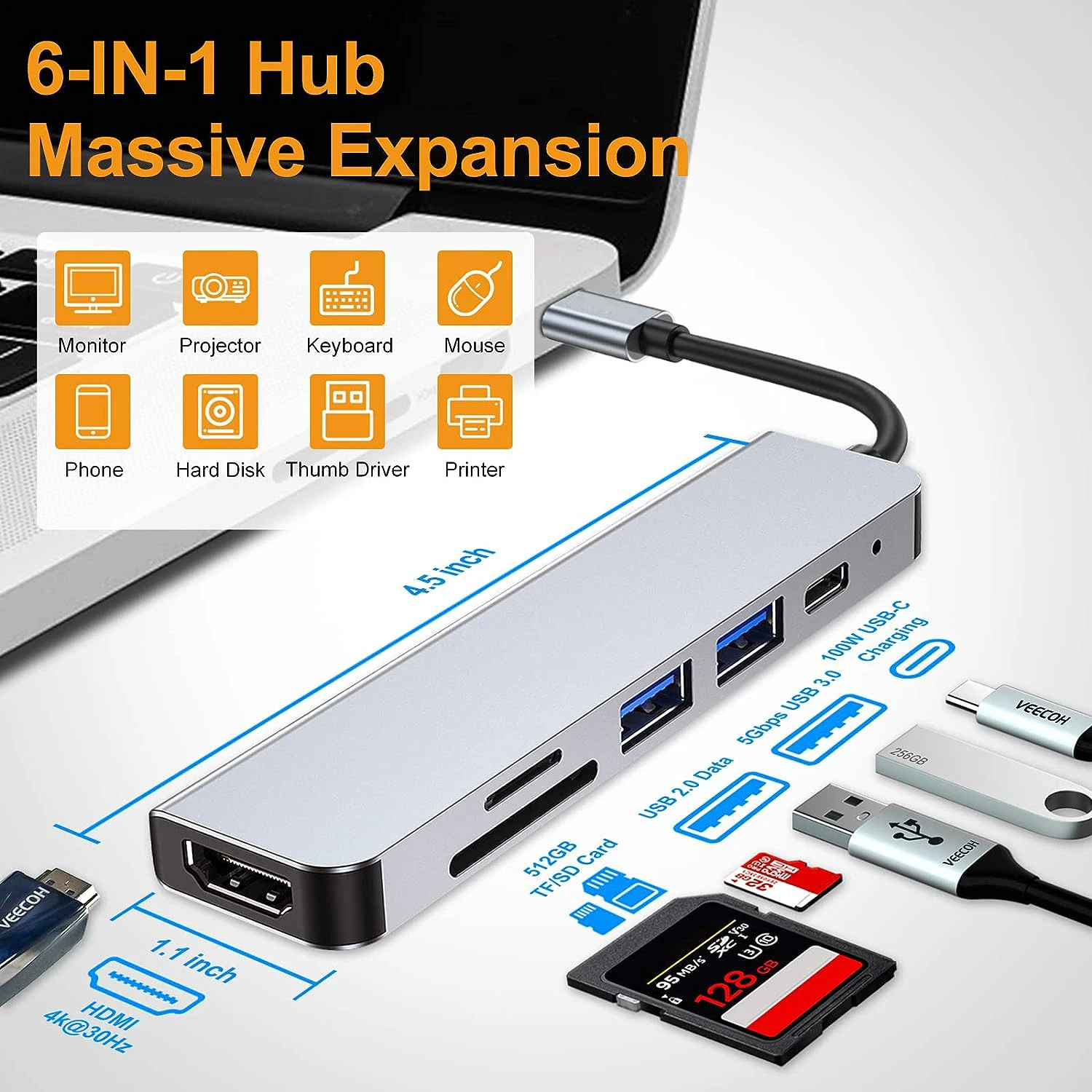 Coolcirc 6-in-1 USB C Multiport Adapter Type-C HUB To HDTV-Compatible USB 3.0/2.