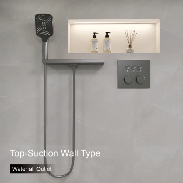 AITANA ปืนสีเทาหรูหราทองเหลือง Thermostatic ระบบฝักบัว Minimalist ปกปิดเพดาน Hot & Cold Water 3-Function ห้องน้ํา Mixer 3